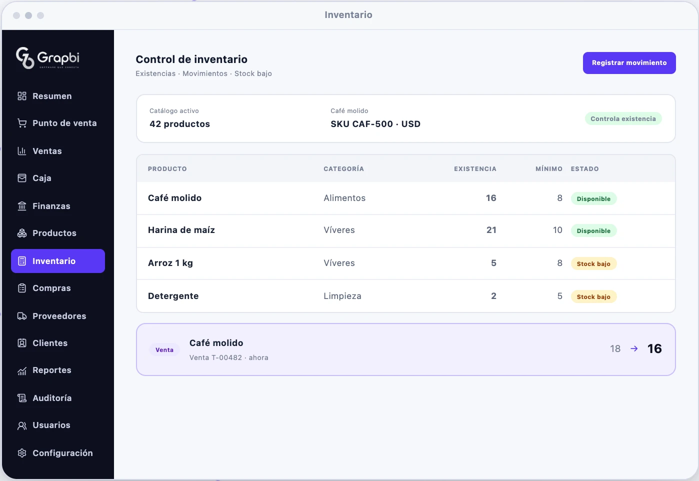 Illustrative Grapbi inventory view in Spanish, showing product stock and the inventory movement linked to a sale. Demonstration data.